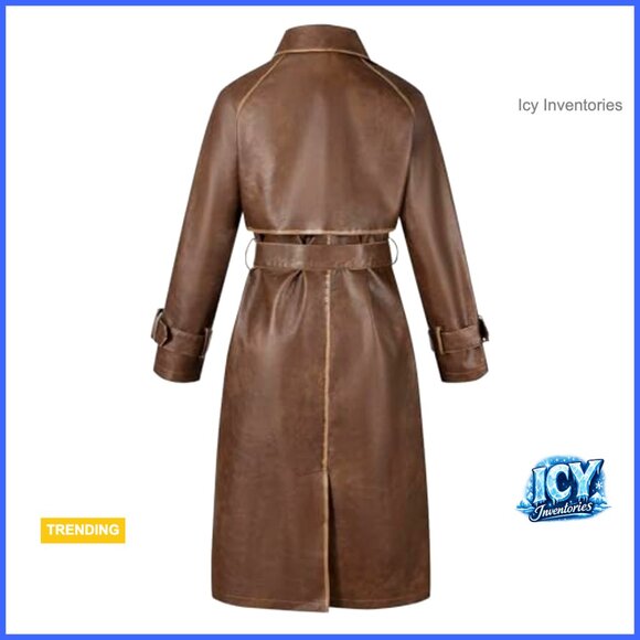 Faux PU Leather Trench Coat with Belt, Oversize Classic Lapel Overcoat - Picture 2 of 7